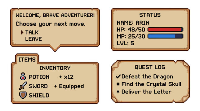 Pixel art game user interface panels with status and inventory screens on white background