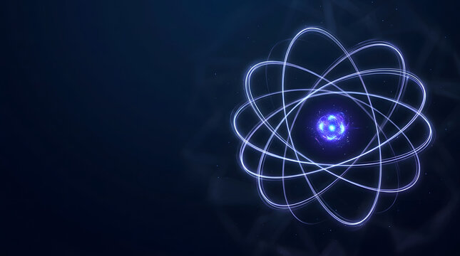 Atomic Structure Illustration: A luminous illustration of an atom, showcasing its nucleus and orbiting electrons in a stylized representation, set against a dark, abstract background.