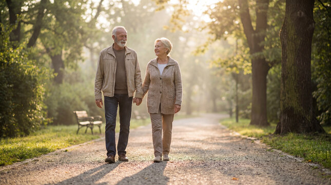 Senior couple enjoying an outdoor walk, holding hands and smiling at each other on a sunny day in a park