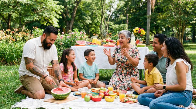 Multi-generational hispanic family enjoying summer picnic in green park, grandmother telling stories as everyone laugh