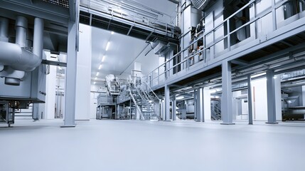 Obraz premium Modern industrial interior with elevated walkways metal structures and clean white surfaces under bright lighting