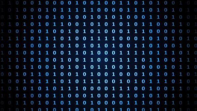 Binary code pattern with glowing blue zeros and ones arranged in a grid against a dark background, representing digital data, and information