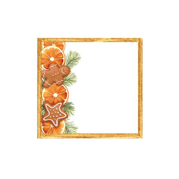 Hand-drawn illustration of Christmas frame with orange slices and gingerbread cookies