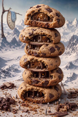 Obraz premium Whimsical fairytale cookie tower house with miniature figures and surreal melting clock for creative storytelling concept