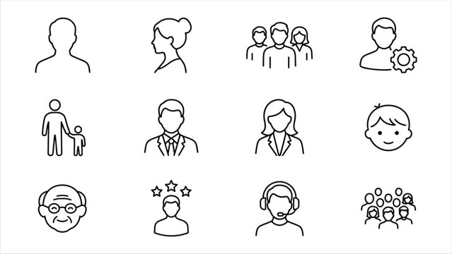Set of black line people icons representing business family support with user roles arranged white background