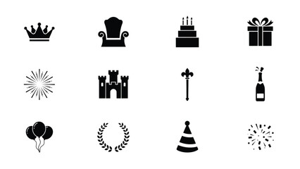 Naklejka premium Black and white celebration icons collection with representing celebration symbols symbols decorative elements collection twelve festive icon congratulations decoration with hat