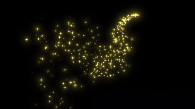 Shining golden star dust animation with sparkling trails, magical glitter particles, glowing fairy wand twinkle star bursts, effect, on black background, seamless 4K video.