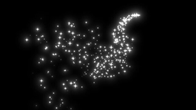 Twinkling white star trail animation with glittering particles, sparkling fairy dust, glowing magic bursts, starlight path, cinematic effect, on black screen background, 4K...