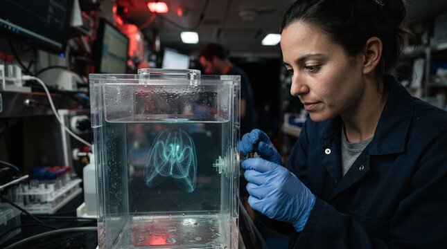 Female marine biologist examining jellyfish in a laboratory aquarium tank