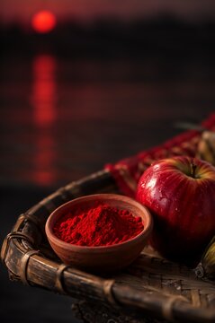 Clay bowl with red kumkum powder and red apple on woven bamboo basket. Traditional ritual offering for Chhath Puja celebration. Hindu festival worship items with sacred vermillion powder concept.
