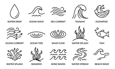 Obraz premium Ocean Waves and Water Stream Line Icons Sea Tide Wave Vector Set