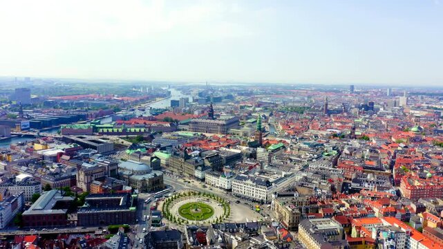 Copenhagen, Denmark. New Royal Square, Christiansborg Royal Palace. Drone footage