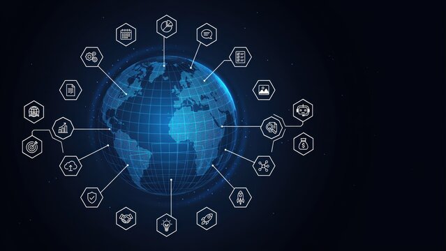 Digital globe with surrounding hexagon for global business technology and network communication on a dark blue background