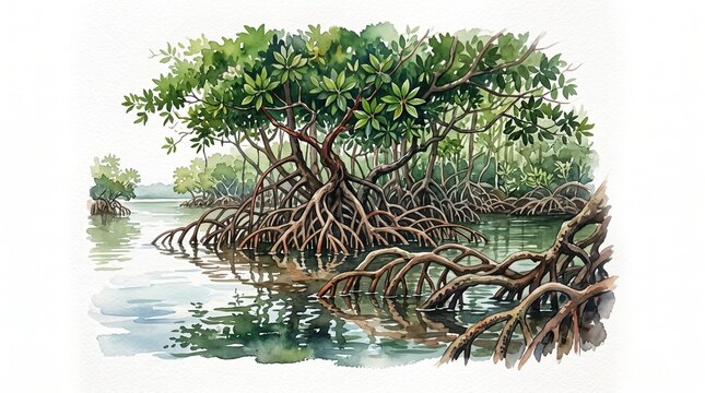 Hand painted watercolor mangrove forest. Tropical swamp landscape with exotic tree roots.