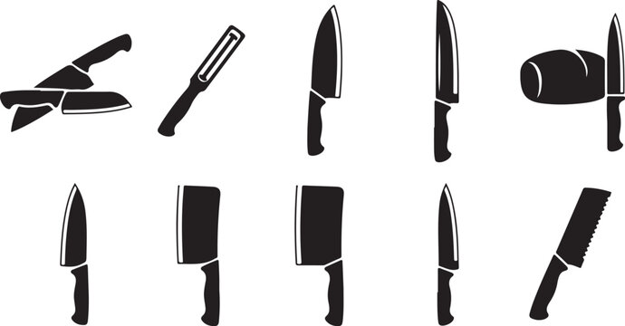 Vector Icons Set Of Kitchen Knives And Accessories, Culinary Symbols