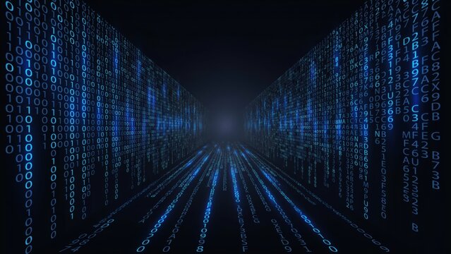 Digital tunnel with walls of cascading blue binary code numbers creating a sense of depth and movement through a dark virtual environment