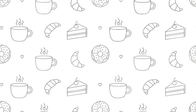 Charming minimalist seamless outline pattern of hot coffee mugs, fresh croissants, cake slices, and donuts on a white background.