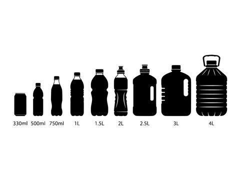 Plastic bottle size icons, 9 black silhouettes of beverage containers from 330ml to 4L, liquid volume measurement vector set