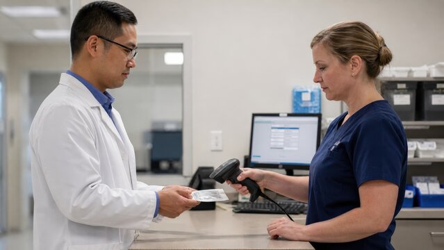 Barcode Medication Administration Two Clinicians Verifying High Alert at Counter