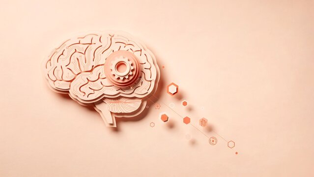 Creative brain illustration with gears and connected dots representing intelligence and thinking