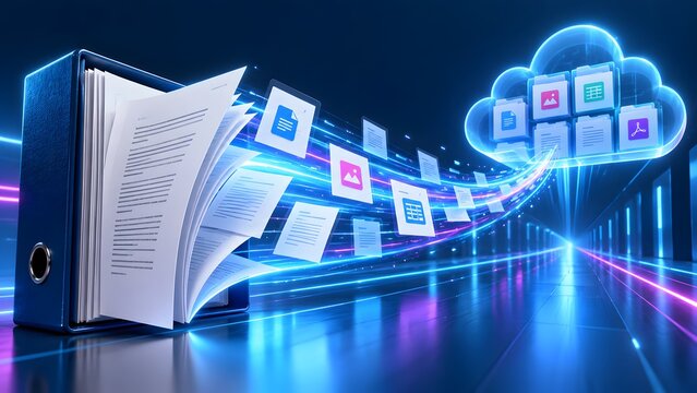 Cloud storage concept with physical binder pages flying out and converting into glowing digital data stream