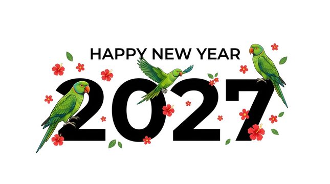 Happy new year 2027 illustration with colorful parrots and flowers isolated on transparent background, Vector