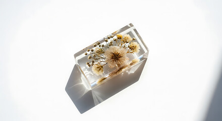 Fototapeta premium Clear resin block with preserved flowers, mockup, blank spaces for text