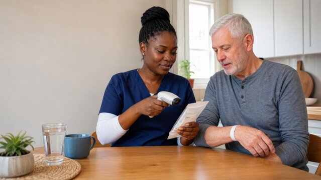 Barcode Medication Administration Clinician Verifying a Package at a Home Kitchen Table