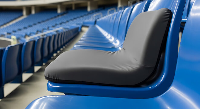 Empty stadium seating with blue chairs and black cushioned seats mockup, blank spaces for text