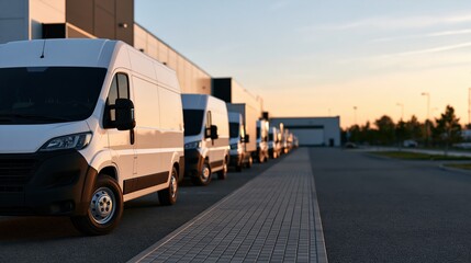 Obraz premium Logistics hub with multiple delivery vans in loading lanes at sunset