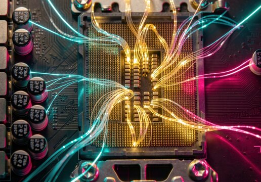 Futuristic computer processor with glowing fiber optic cables