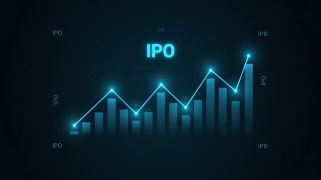 Financial growth chart with glowing blue bars and a rising trend line, featuring ipo labels on a dark background, for business data visualization