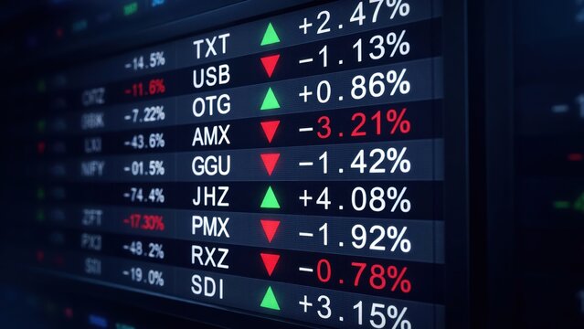 Financial market ticker display showing stock symbols and percentage changes with red and green indicators on a dark blue digital screen