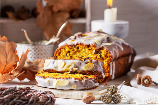 Pumpkin cake with chocolate and icing, prepared for a Halloween party.