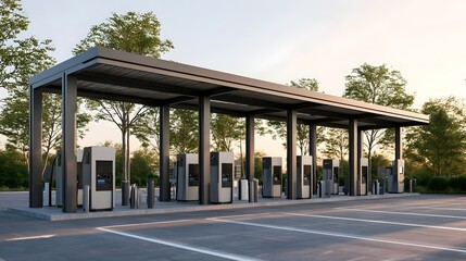 Obraz premium Modern electric vehicle charging station with multiple charging units under a sleek metal canopy in a landscaped outdoor setting