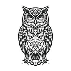 Obraz premium Detailed black and white illustration of an owl sitting with bird of prey