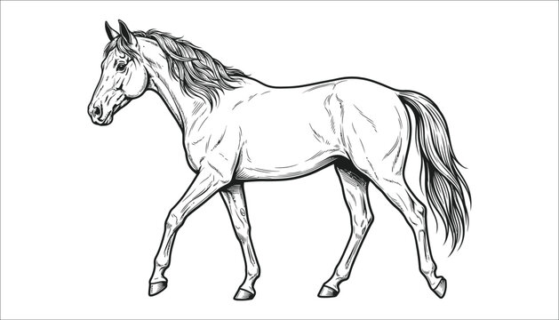 Black and white line art illustration of a walking horse with white background