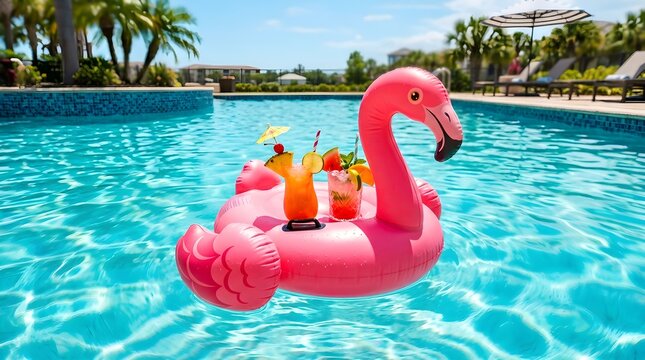 A vibrant pink flamingo shaped pool float rests among cool refreshing summer cocktails in a beautiful luxurious outdoor swimming pool on a