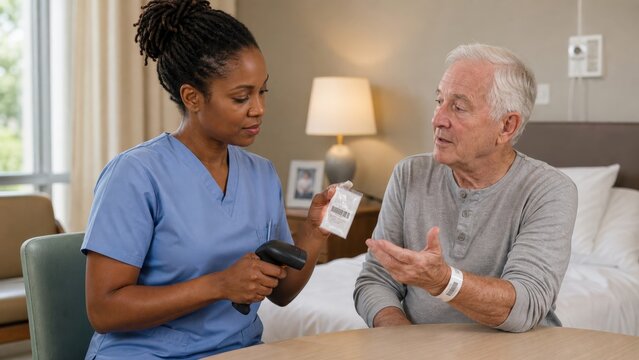 Barcode Medication Administration Nurse verifies elder care with patient wristband