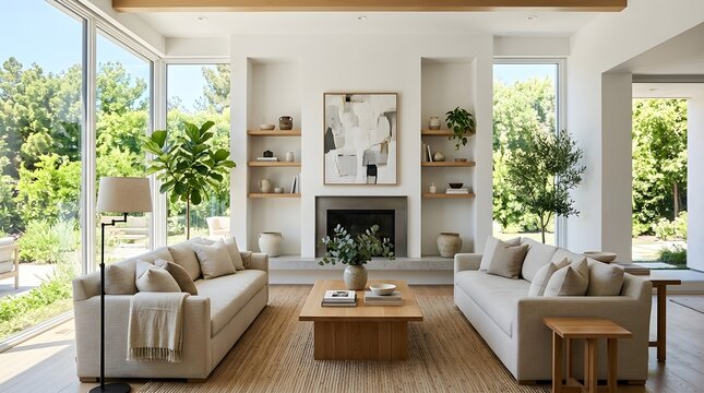 A bright and airy modern living room features large windows with a view of lush green foliage and a comfortable fireplace area
