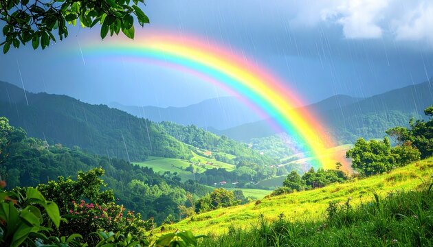 Majestic Rainbow Arcing Over Lush Green Rolling Hills and Distant Mountains