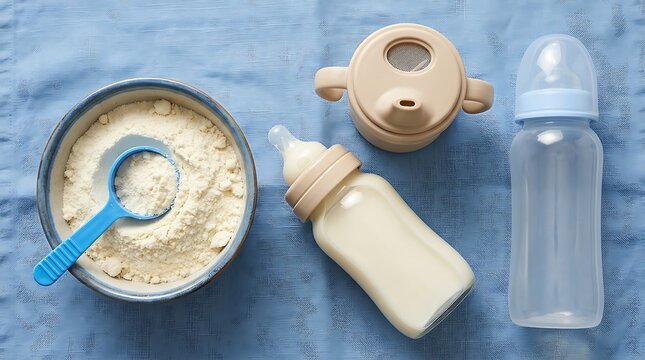 baby formula powder in bowl with scoop and milk filled bottle with sippy cup lid for infant feeding preparation and nutrition concept overhead view.