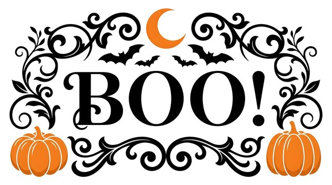 A vintage halloween design illustration with the word boo surrounded by pumpkins flying bats and a glowing crescent moon for spooky season
