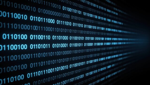 Perspective view of a digital binary code stream with glowing blue zeros and ones fading into the dark background, representing data flow