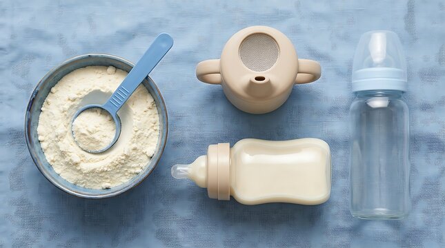 Baby formula powder in bowl with scoop and bottles for infant nutrition and feeding, overhead view on blue background.