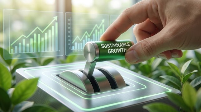 Sustainable finance growth Concepts. Hand operating futuristic control lever labeled sustainable growth with digital graphs showing increasing financial success and plant greenery