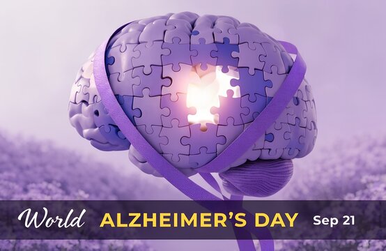 World Alzheimer&rsquo;s Day purple brain puzzle ribbon illustration symbolizing awareness, memory loss, support, compassion, and global recognition of Alzheimer&rsquo;s disease generated ai