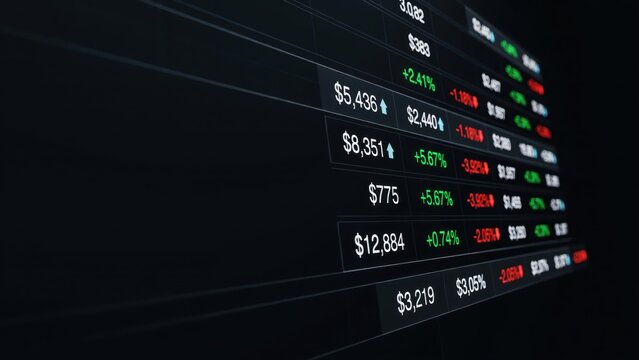 Perspective view of a digital financial data board showing currency values and percentage changes on a dark grid background screen