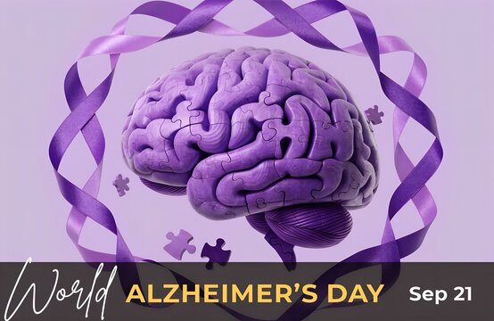 World Alzheimer&rsquo;s Day purple brain puzzle ribbon illustration symbolizing awareness, memory loss, support, compassion, and global recognition of Alzheimer&rsquo;s disease generated ai