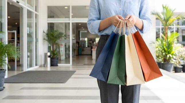 Person holding colorful shopping bags in modern glass lobby entrance